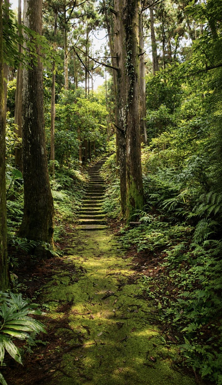苔におおわれた道と、森の奥へ続く石段